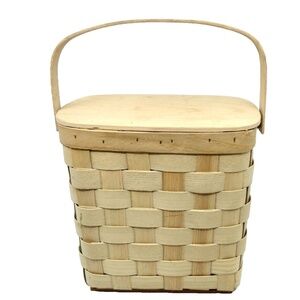 Vintage BASKETVILLE Putney, Vermont - Woven Swing Handle Basket w Lid